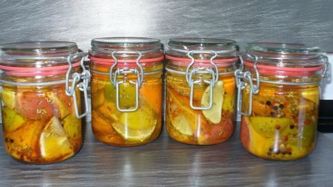 Eingelegte Südfrüchte in Gläsern stehen in einer Reihe, gefüllt mit bunten, aromatischen Früchten in einer salzigen Zubereitung.
