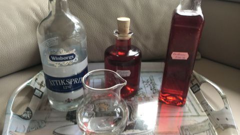 Zwei Flaschen Essig und ein Glas stehen auf einem Tablett, umgeben von einer gemütlichen Wohnumgebung.