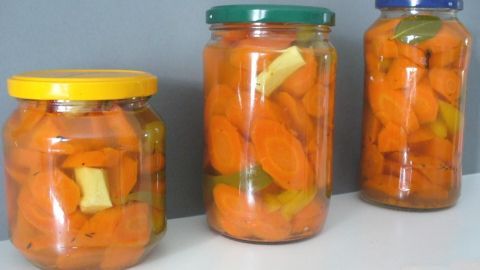 Eingelegte Ingwer-Karotten füllen drei Gläser mit leuchtend orangefarbenen Stücken, die auf einem weißen Tisch vor einer grauen Wand stehen.