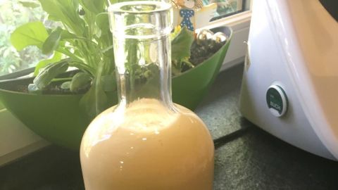 Eine Glasflasche mit cremigem Eierlikör steht auf einer dunklen Oberfläche, umgeben von frischen Pflanzen und einem Thermomix.