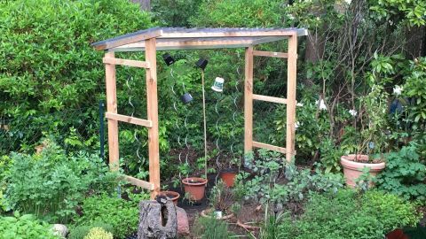 Ein Tomatenhaus aus Holz steht in einem üppigen Garten, umgeben von Grünpflanzen und Töpfen mit Kräutern.