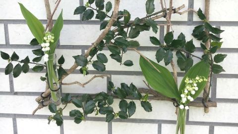 Ein schöner Fensterschmuck aus Zweigen und Blättern wird dekorativ an einer weißen Wand arrangiert.
