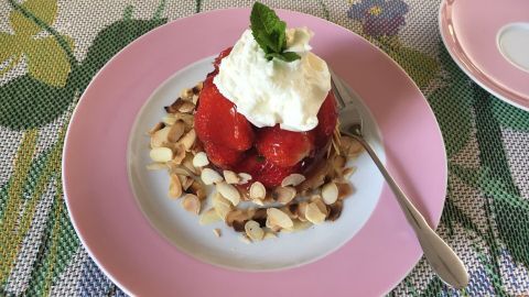 Erdbeer-Torteletts sind auf einem pinken Teller angerichtet, mit Sahne und frischen Erdbeeren in einer blühenden Umgebung.