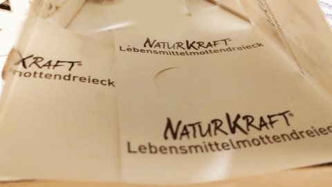 Ein Lebensmittelmotten-Reißein in einer Packung, der zur Vermeidung von Motten im Haushalt verwendet wird.
