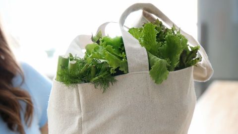 Eine Person hält eine wiederverwendbare Tasche mit frischem Gemüse, um Geld zu sparen und Lebensmittel zu retten.