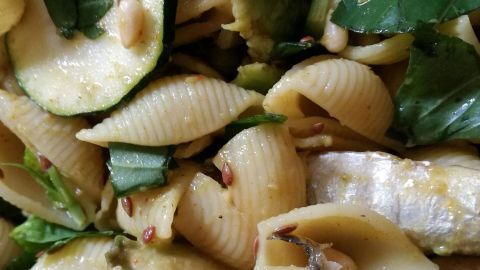 Conchiglie-Pasta wird mit frischen Kräutern und Zucchini in einer mediterran-orientalischen Mischung angerichtet.
