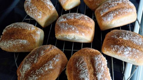 Zehn goldbraune Dinkel-Quarkbrötchen liegen auf einem Kuchengitter in einer modernen Küche und warten auf den Verzehr.
