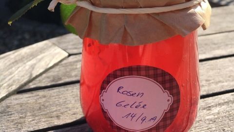 Ein Glas mit rosafarbenem Duftrosen-Gelee steht auf einem Holztisch, dekoriert mit einer Rose und einem Etikett.