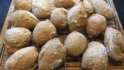 Vollkornbrötchen liegen frisch gebacken auf einem Gitter; sie sind rustikal geformt und haben eine goldbraune Kruste.