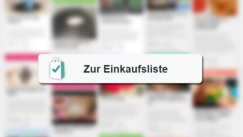 Ein Button mit dem Text „Zur Einkaufsliste“ wird auf einer verschwommenen Hintergrundseite angezeigt, die Rezeptinformationen zeigt.