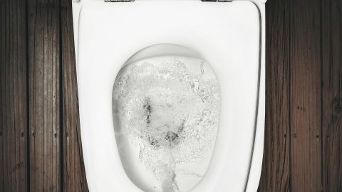 Eine verstopfte Toilette steht im Fokus, während Wasser in der Schüssel steht. Der Hintergrund zeigt dunkles Holz.