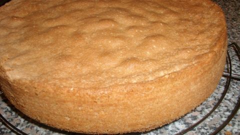 Ein runder Biskuitkuchen liegt auf einem Kuchengitter und kühlt in einer hellen, modernen Küche ab.