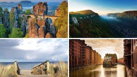 Beeindruckende Landschaften zeigen Bergformationen, ein Nebeltal, eine Küstenlandschaft und historische Hafenarchitektur.