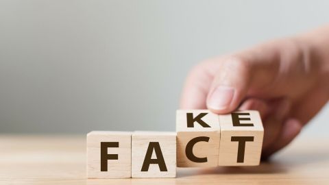 Blöcke mit den Worten "FAKE" und "FACT" werden auf einem Tisch umgestellt, was Mythen im Alltag illustiert.