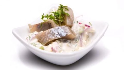 Heringssalat liegt in einer Schale, mit cremigem Dressing, Zwiebeln und Kräutern garniert, auf einem weißen Hintergrund.