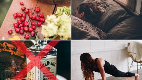 Bunte Lebensmittel wie Beeren fördern das Immunsystem, während eine Person im Yoga entspannt und auf Alkohol verzichtet.