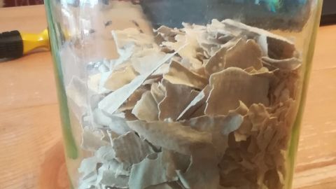Ein Glasgefäß mit geschichtetem, getrocknetem Sauerteig-Vorrat steht auf einem Holztisch in einer gemütlichen Küche.