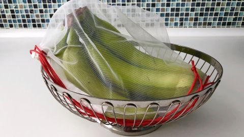 Eine Drahtschüssel mit grünen Bananen, die durch ein Netz vor Insekten geschützt sind, steht auf einer weißen Arbeitsplatte.