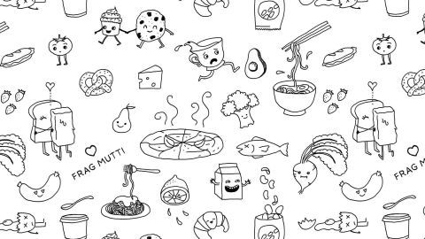 Bunte Speisenillustrationen zeigen das Essen, um einen wöchentlichen Essensplan zu gestalten. Ein kreativer kulinarischer Hintergrund.