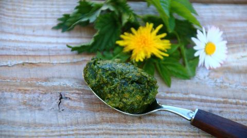 Ein Löffel mit grünem Wildkräuter-Pesto liegt auf einer Holzoberfläche, umgeben von frischen Kräutern und Blumen.