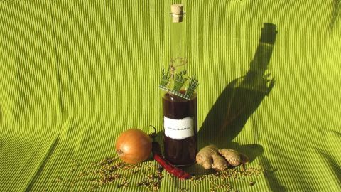 Eine Flasche Rotwein steht auf einem grünen Tuch, umgeben von Zwiebeln und Gewürzen, was eine kulinarische Szene schafft.