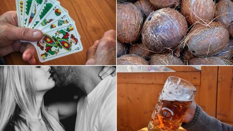Vier Bilder zeigen verschiedene Aktivitäten: Karten spielen, das Halten von Kugeln, Küssen und Bier trinken in geselliger Atmosphäre.
