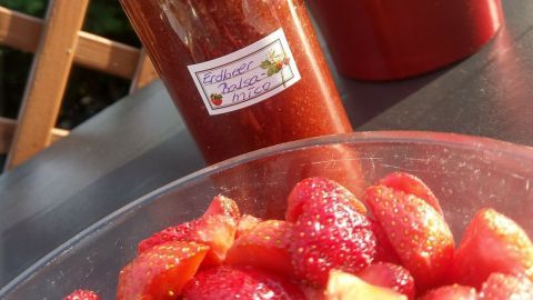 Eine Flasche Erdbeer-Balsamico-Essig steht neben einer Schale mit geschnittenen Erdbeeren, umgeben von frischem Grün im Hintergrund.