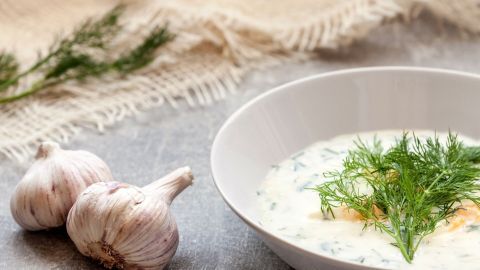 Eine weiße Schüssel mit Gurkensuppe, garniert mit Dill, steht auf einem grauen Tisch, neben zwei Knoblauchzehen.