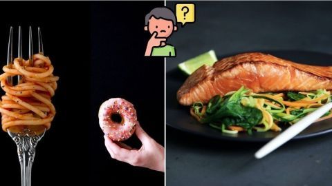 Eine Gabel mit Pasta und eine Hand, die einen Donut hält, stehen im Kontrast zu einem Teller mit Lachs und Gemüse.