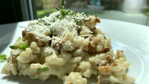 Ein cremiges Risotto mit Pfifferlingen wird auf einem weißen Teller serviert, garniert mit frischem Käse und Kräutern.