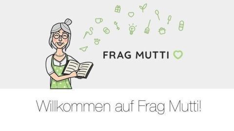 Eine lächelnde, graue Figur mit einem Buch symbolisiert "Frag Mutti", umgeben von kitchen-related Icons. Text: "Willkommen auf Frag Mutti!"