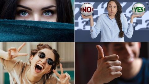 Vier Personen zeigen unterschiedliche Körpersprache: eine blickt neugierig, eine andere gestikuliert mit 'Nein' und 'Ja', während zwei fröhliche Gesichtsausdrücke und ein Daumen hoch positive Emotionen vermitteln.