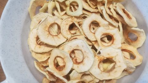 Getrocknete Apfelringe liegen auf einem weißen Teller und zeigen ihre goldene, knusprige Textur, bereit zum Snacken.