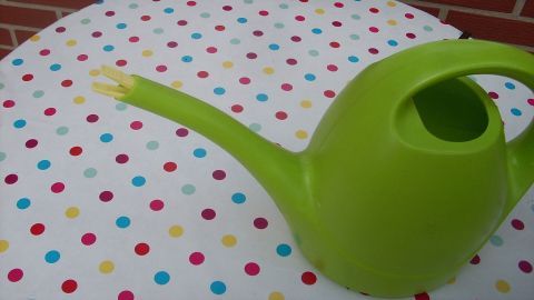 Eine grüne Gießkanne liegt auf einem polka-dots-musternden Tisch und zeigt ihren langen Ausguss in einer ruhigen Umgebung.