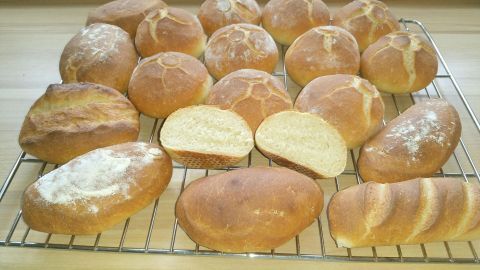 Einfache, frisch gebackene Joghurtbrötchen liegen auf einem Gitter, warm und einladend in einer hellen Küche.