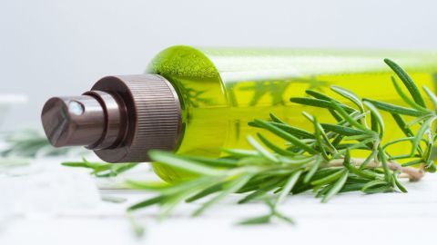 Grüner Sprühbehälter mit Rosmarin wirkt gegen Ameisen, um eine spritzige Lösung für die Wohnung zu bieten.
