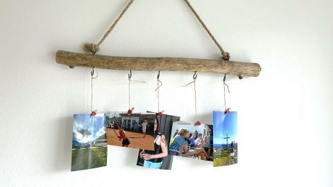 Eine dekorative Fotowand aus einem Birkenstamm hängt an der Wand, während Bilder an Schnüren darunter baumeln.