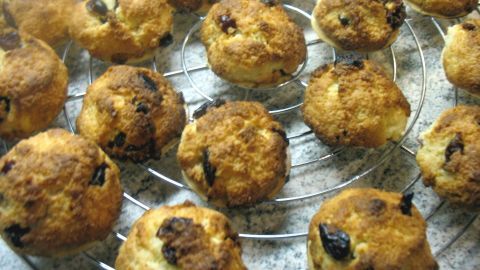 Knusprige Kokosberge mit Cranberries stehen auf einem Kühlgitter und warten darauf, serviert zu werden.