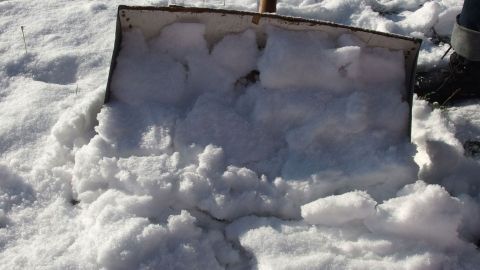 Eine Schneeschaufel läge im Schnee, während an ihr Schnee klebt, umgeben von einer winterlichen Umgebung.