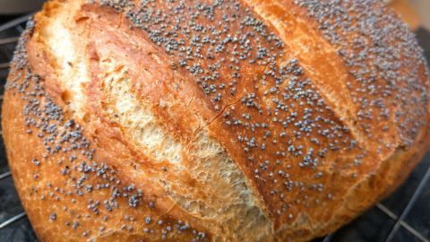 Ein frisch gebackenes Mohn-Dinkel-Brot liegt auf einem Kuchengitter und zeigt eine goldbraune, knusprige Kruste.