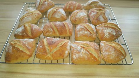 Frische Frühstücksbrötchen liegen knusprig auf einem Auskühlgitter in einer hellen Küche.