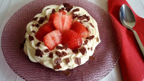 Ein leckerer Vanille-Zitrus-Pudding mit frischen Erdbeeren und Schokoladenstückchen auf einem lilanen Teller.