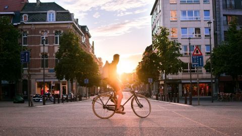 Ein Radfahrer fährt bei Sonnenuntergang durch eine ruhige Stadtstraße, umgeben von Bäumen und Gebäuden.