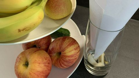 Eine Obstschale mit Äpfeln, Birnen und Bananen steht neben einem Glas mit einem Papiertrichter, um Fruchtfliegen lebend zu fangen.