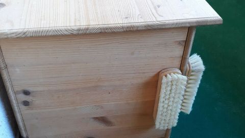 Eine Holzbox mit Katzen-Wellness-Bürsten an der Seite steht auf einem grünen Teppich im Hintergrund.