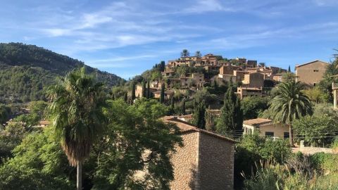 Ein hübsches Dorf auf einer Hügelkuppe mit mediterranen Häusern, umgeben von grünen Pflanzen und Hügeln auf Mallorca.