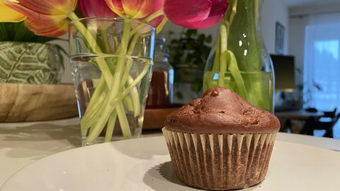 Ein schokoladiger Muffin steht auf einem weißen Teller, umgeben von bunten Tulpen in Vasen im hellen Raum.