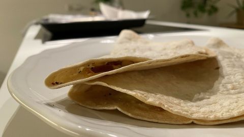 Zwei gefüllte Tortilla-Wraps liegen auf einem Teller, während im Hintergrund eine Pflanzenanordnung zu sehen ist.