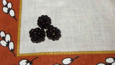 Drei reife Brombeeren liegen auf einem trockenen, weißen Tuch mit einem orangefarbenen Rand und floralem Muster.