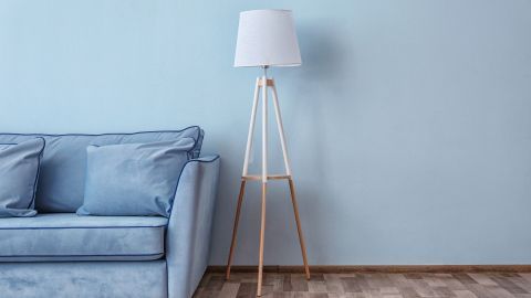 Eine elegante Stehlampe steht neben einem blauen Sofa in einem hellen Raum mit Holzfußboden für gemütliche Lesestunden.